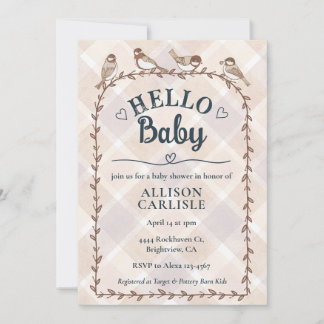 014 Latte Watercolor Gingham Birds Baby Shower Einladung