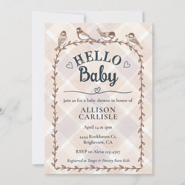 014 Latte Watercolor Gingham Birds Baby Shower Einladung (Vorderseite)