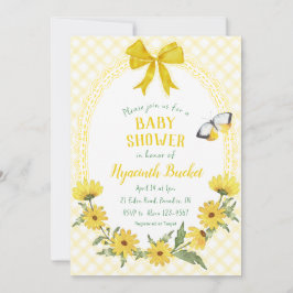 015 Zitronengelb Gingham Schleife Gänseblümchen Ba Einladung