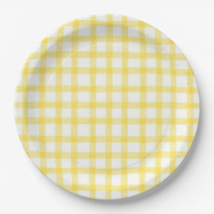 015 Zitronengelb Wasserfarbe Gingham L Papierplatt Pappteller