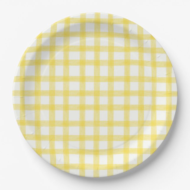 015 Zitronengelb Wasserfarbe Gingham L Papierplatt Pappteller (Vorderseite)