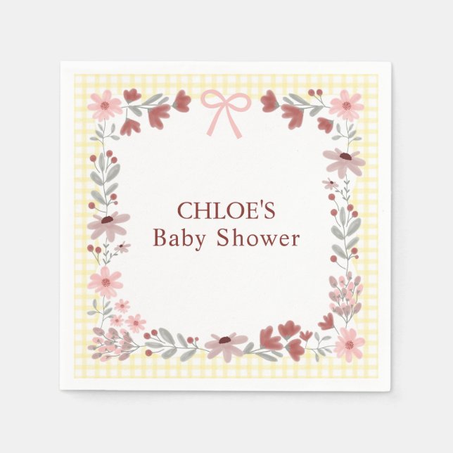015 Zitronengelb Wildblumen-Schleife Gingham-Baby- Serviette (Vorderseite)