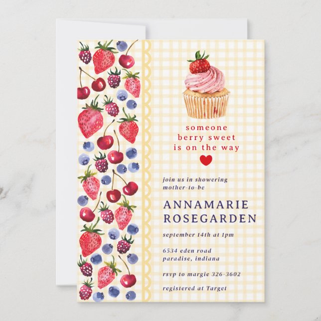 016 Marigold-Beeren-Patchwork-Cupcake-Baby-Party Einladung (Vorderseite)