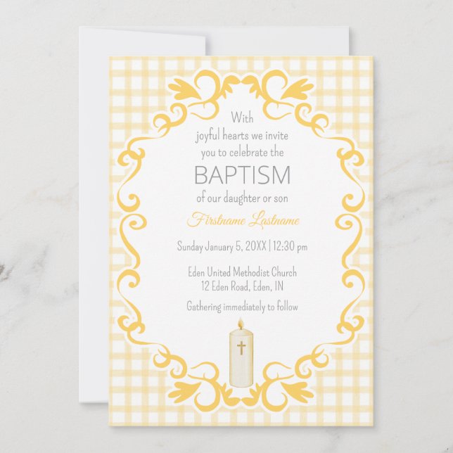 016 Marigold Scroll Gingham Cross Candle Baptism Einladung (Vorderseite)