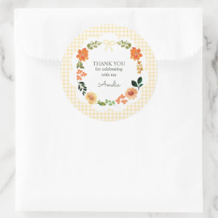 016 Ringelblume Floral Gingham Babyparty Runder Aufkleber