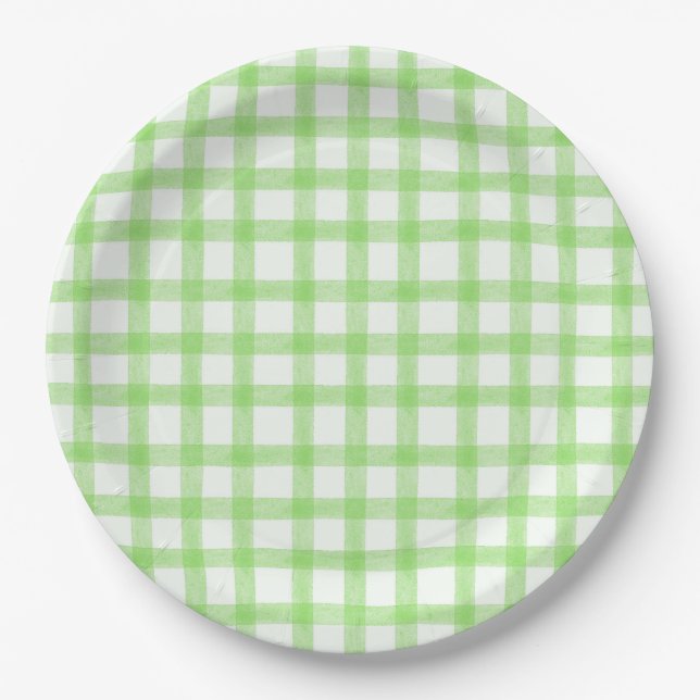 017 Moosgrün Wasserfarbe Gingham L Papierplatten Pappteller (Vorderseite)