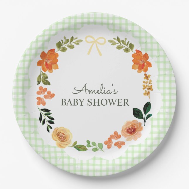 017 Moosgrüne Blumen-Gingham-Baby-Party Pappteller (Vorderseite)