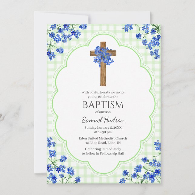017 Moss Green Blossom Rustic Cross Design Baptism Einladung (Vorderseite)