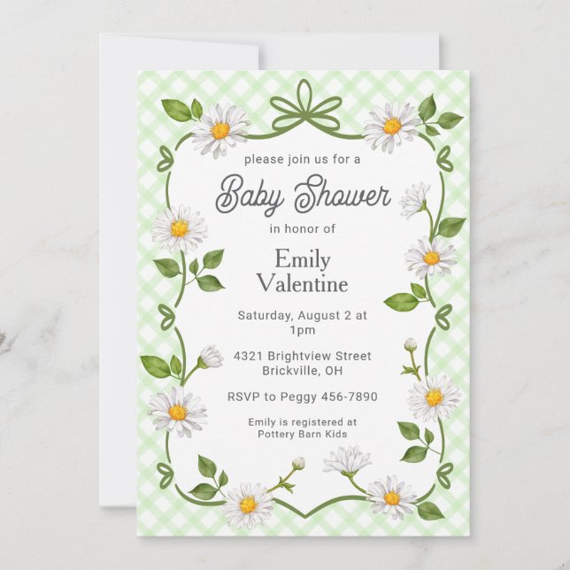 017 Moss Green Floral Daisy Plaid Baby Shower Einladung (Vorderseite)