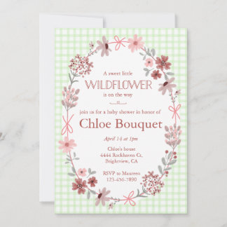 017 Moss Green Wildflower Bow Gingham Baby Shower Einladung