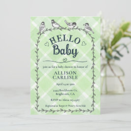 018 Gras Watercolor Kariert Vögel Baby Shower Einladung