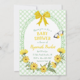 018 Grasgelbe Gänseblümchen-Schleife-Gingham-Baby- Einladung