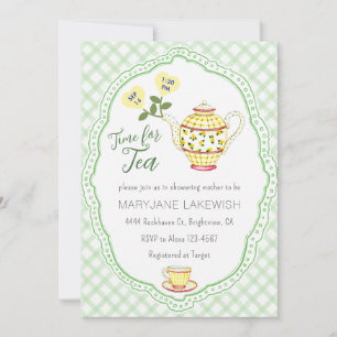 018 Grasgrün süße Gingham-Teeparty-Baby-Party Einladung