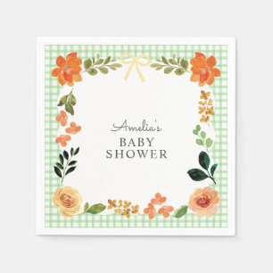 018 Grasgrüne florale Gingham-Baby-Shower Serviette