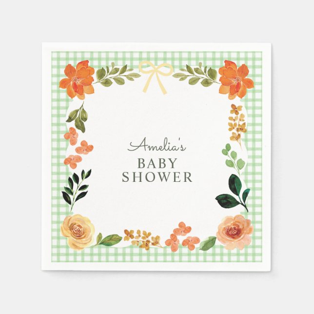 018 Grasgrüne florale Gingham-Baby-Shower Serviette (Vorderseite)