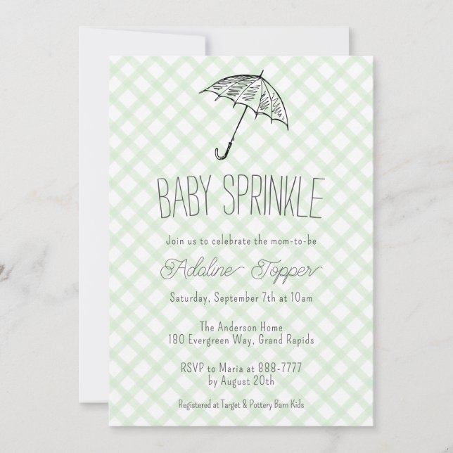 018 Grasgrüne Gingham-Babyschauer-Regenschirm Einladung (Vorderseite)