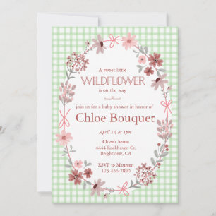 018 Grasgrüne Wildblumen-Schleife Gingham-Baby-Par Einladung