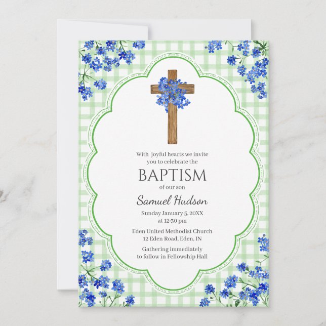 018 Grass Blossom Rustic Cross Design Baptism Einladung (Vorderseite)