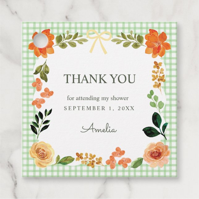 018 Grass Green Floral Gingham Baby Shower Geschenkanhänger (Vorderseite)