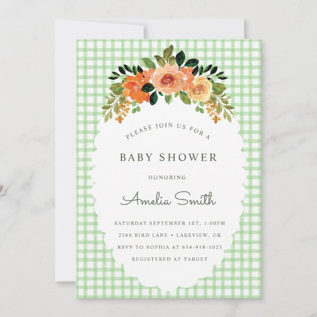 018 Grass Green Gingham Baby Shower Invitations Einladung (Vorderseite)