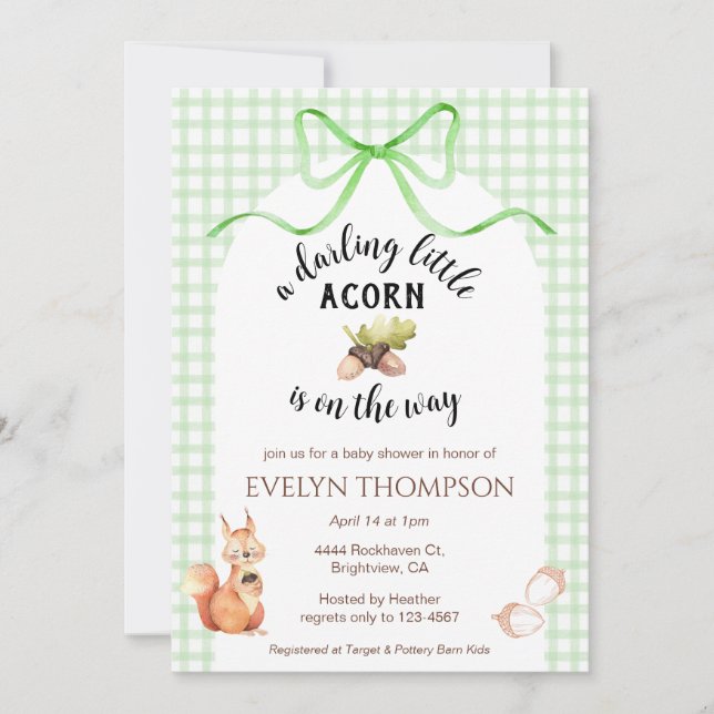 018 Grass Green Squirrel Acorn Gingham Baby Shower Einladung (Vorderseite)