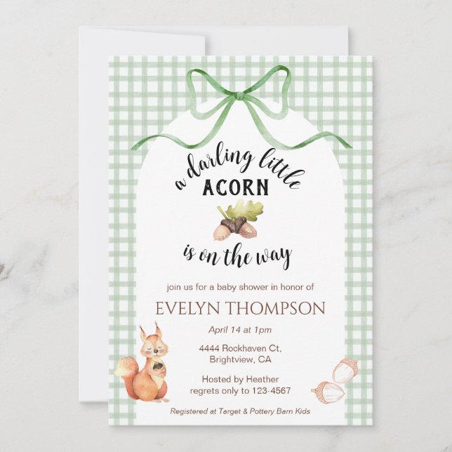 019 Forest Cute Squirrel Acorn Gingham Baby Shower Einladung (Vorderseite)