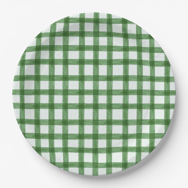 019 Waldgrün Wasserfarbe Gingham L Papierplatten Pappteller (Vorderseite)