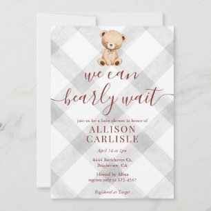 020 Fog Grau Teddybär Gingham Babyparty-Einladung Einladung