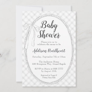 020 Nebelgrau Erbstück Spitze Gingham Babyparty Einladung
