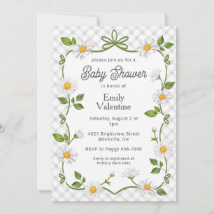 020 Nebelgraue Blumen-Daisy-Gingham-Baby-Einladung Einladung