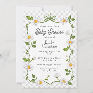 020 Nebelgraue Blumen-Daisy-Gingham-Baby-Einladung Einladung