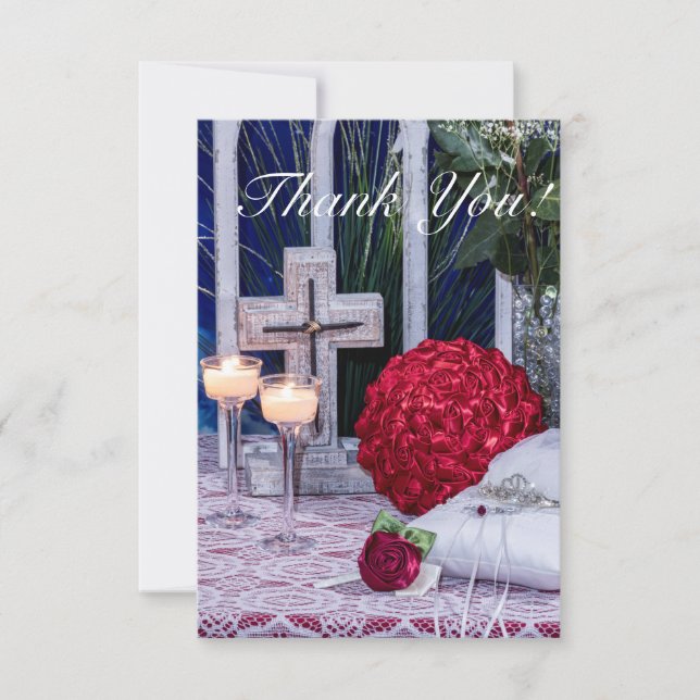 0294-Hochzeitstorte, Rose, Ringe, Kerze Dankeskarte (Vorderseite)