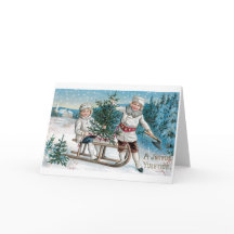 030 Weihnachtskarte Kinder Schlittelbaum Schnee