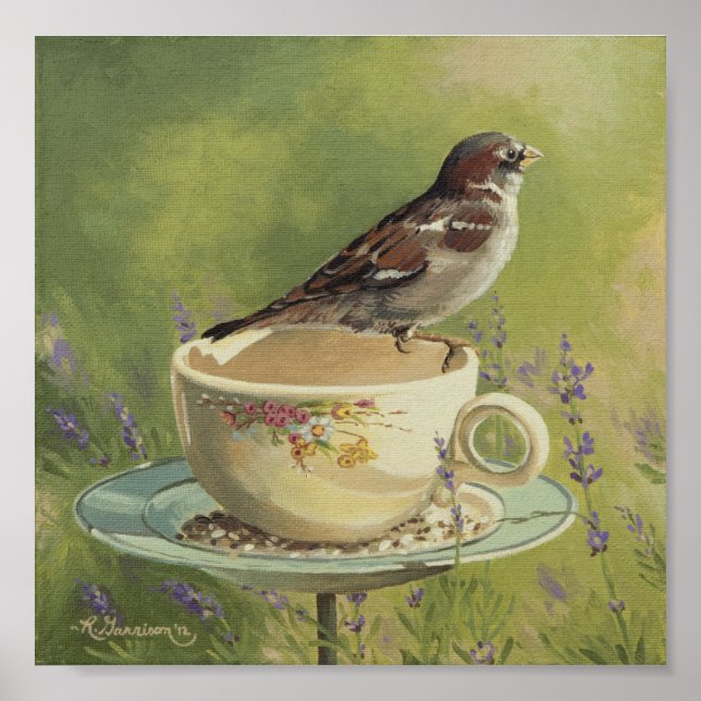 0470 Sparrow on Teacup Art Print Poster (Vorne)