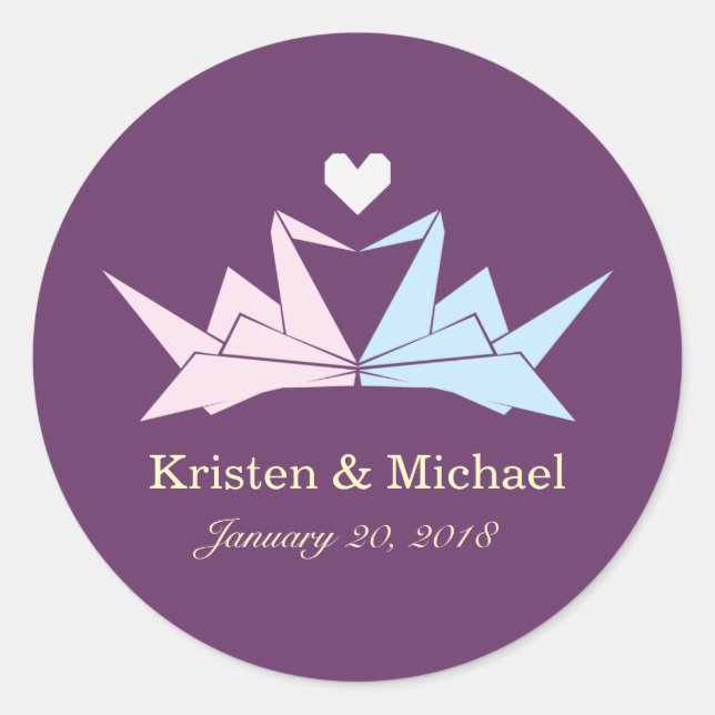 1000 Hanging Origami Paper Cranes Wedding (Lila) Runder Aufkleber (Vorderseite)
