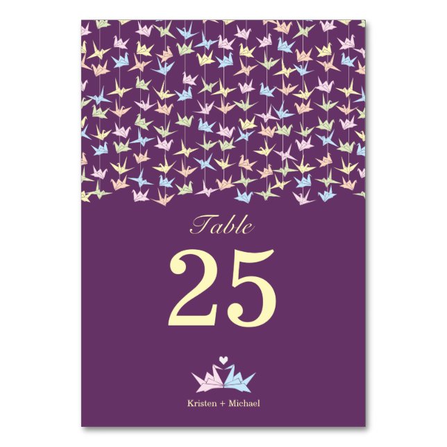 1000 Hanging Origami Paper Cranes Wedding (Lila) Tischnummer (Vorderseite)