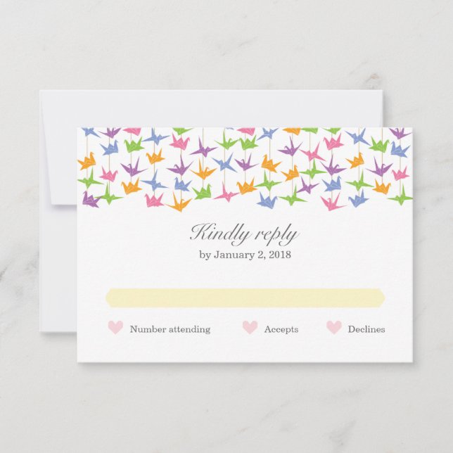 1000 Hanging Origami Paper Cranes Wedding RSVP Karte (Vorderseite)