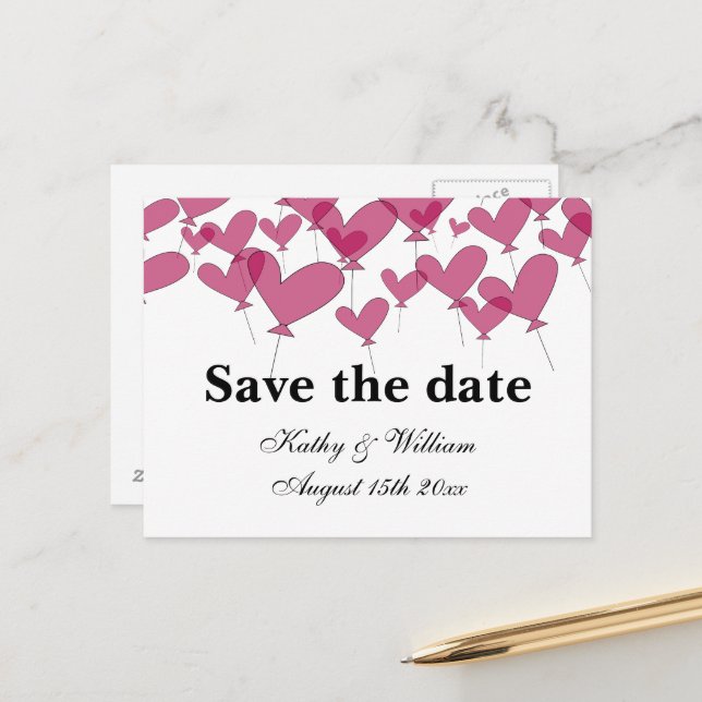 1001 Luftballons mit rotem Herzen Save the Date Ho Postkarte (Vorderseite/Rückseite Beispiel)