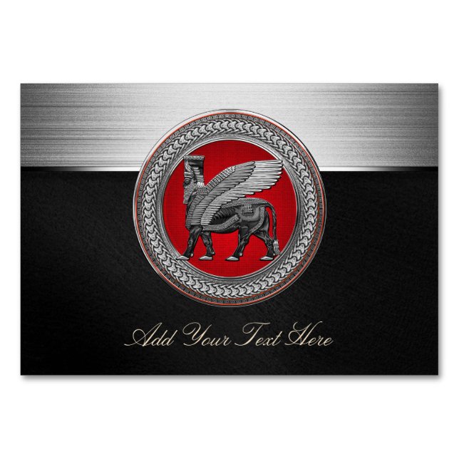 [100] Assyrian Winged Bull: Silver & Black Lamassu Tischnummer (Vorderseite)