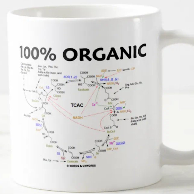100 % Bio (Zitronensäurezyklus - Krebs-Zyklus) Kaffeetasse (Mug featuring Krebs cycle for anyone into organic chemistry. Includes title "100% Organic".)