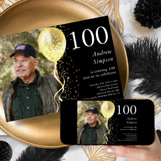 100. | Black & Gold Glitzer Foto Geburtstag Einladung