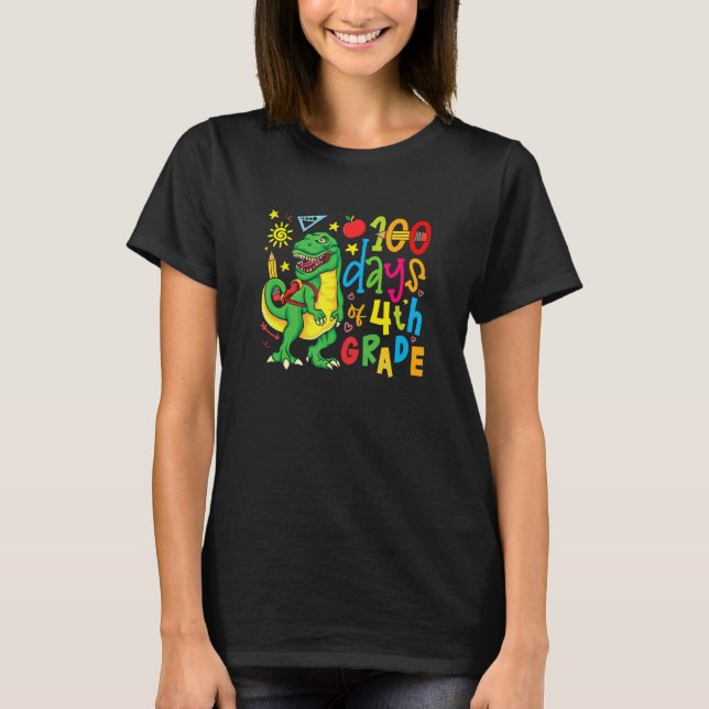 100 Days Of 4th Grade Dino T Rex 100 Day Of School T-Shirt (Vorderseite)