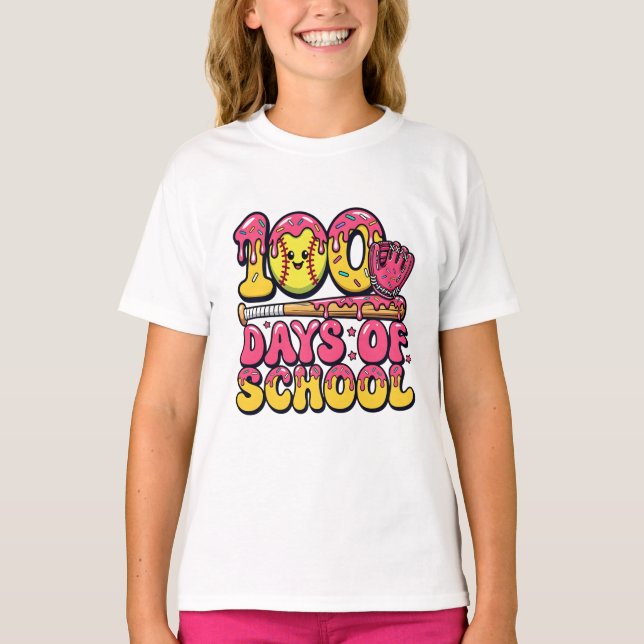 100 Days of School Baseball Donut Girls Softball T-Shirt (Vorderseite)