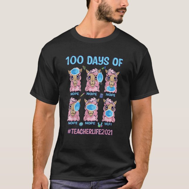 100 Days Of School Teacher Llama Wearing Mask Wron T-Shirt (Vorderseite)