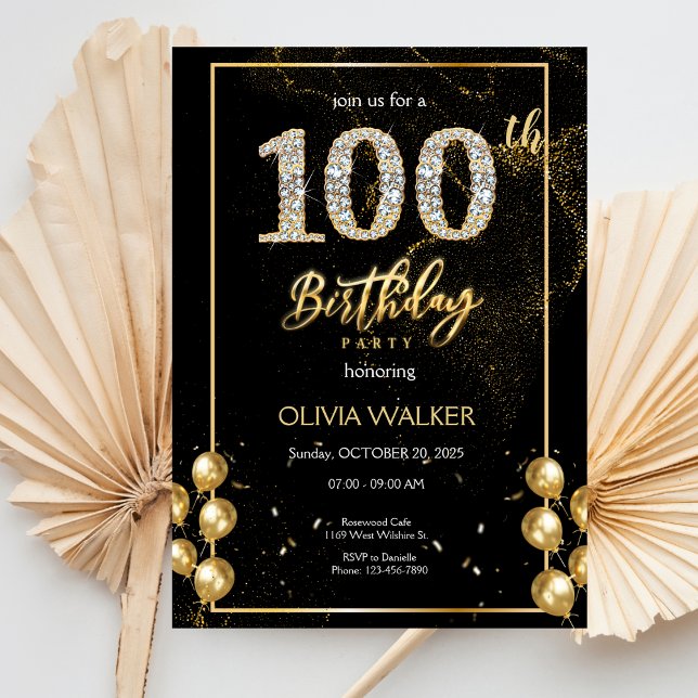 100. Diamond Black and Gold Geburtstag Einladung (Von Creator hochgeladen)