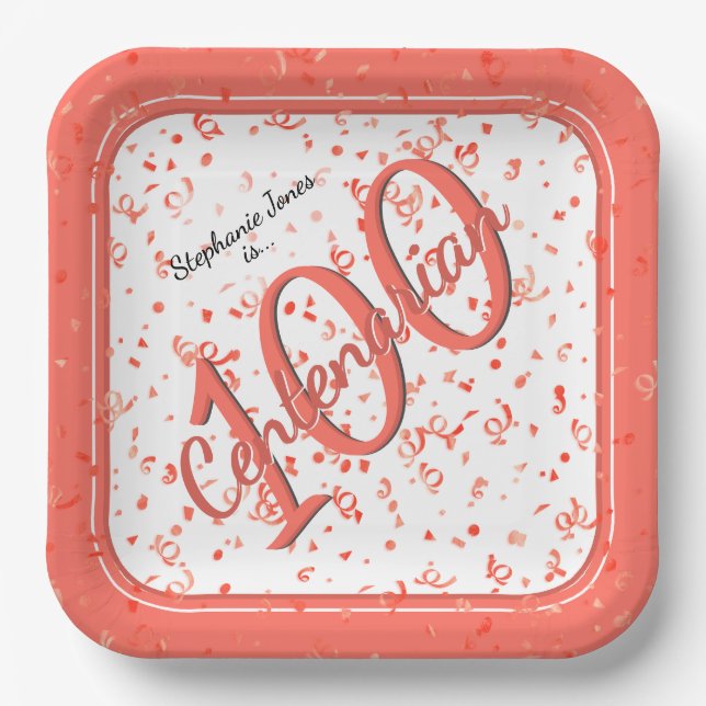 100. Elegantes Party Centenarian Coral/White Pappteller (Vorderseite)