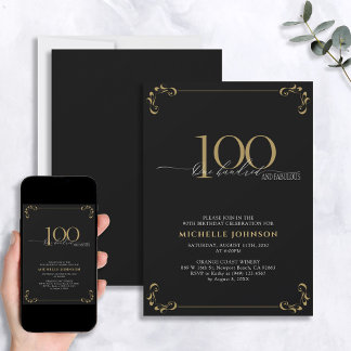100& Fabulous Black & Gold Kalligraphie Geburtstag Einladung