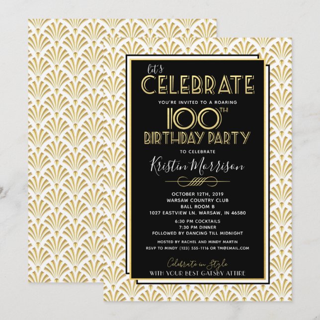 100. Geburtstag Art Deco Gatsby Roaring 1920er Par Einladung (Vorne/Hinten)