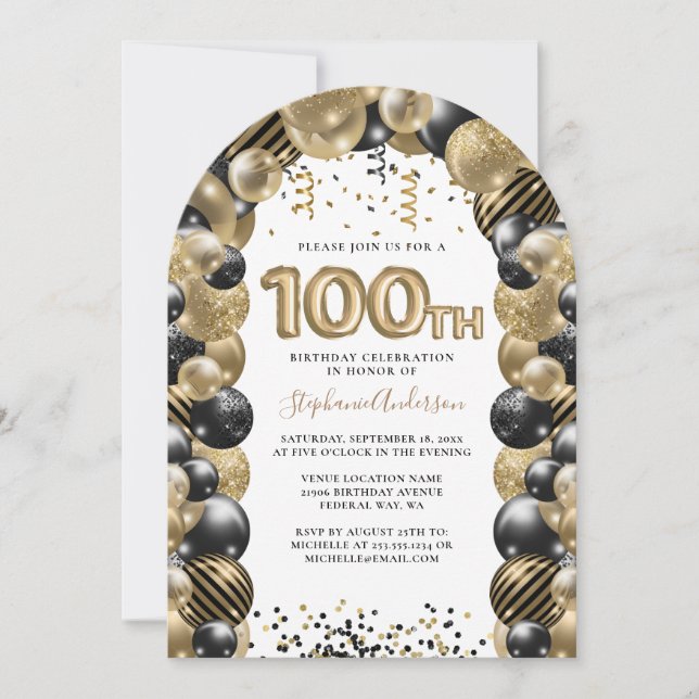100. Geburtstag Ballon Gold Black Sparkle Einladung (Vorderseite)