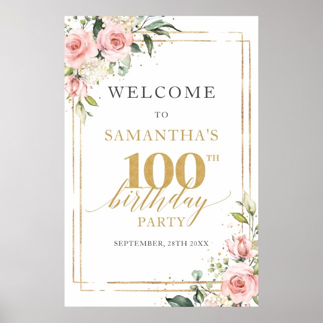 100. Geburtstag Begrüßungsschild Rose und Goldmeda Poster (Vorne)